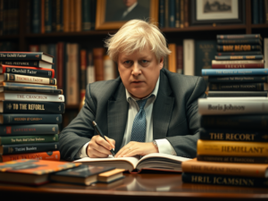 Sitting at his desk admiring Boris Johnson Books in order